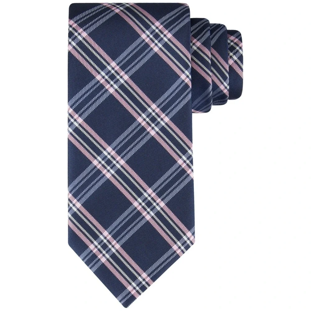 Tommy Hilfiger Mens Tie One Size Navy/Pink Twill Plaid Necktie Quiet Luxury NWT